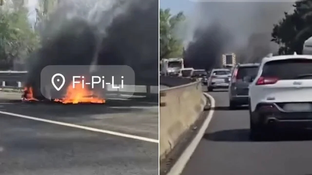 Auto in fiamme sulla Fi-Pi-Li: disagi e code