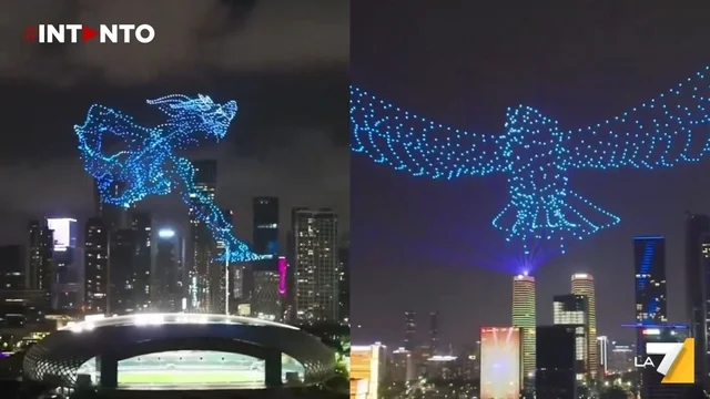 Dragone e aquila giganti volano nel cielo in uno spettacolare show di droni