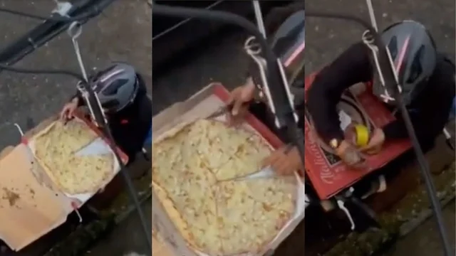 Il fattorino mangia un pezzo di pizza prima di consegnarla e poi la ricompone: il video è virale