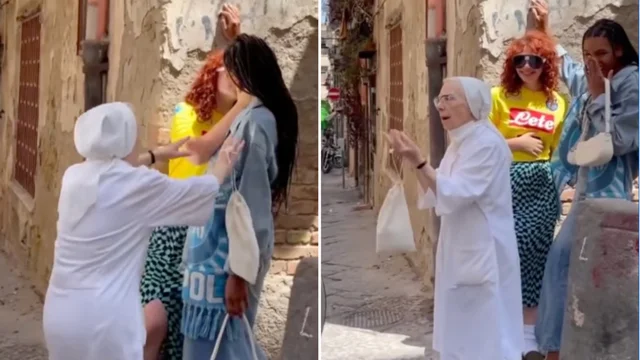 Due modelle si baciano. La suora le ferma e urla: "È il diavolo!"