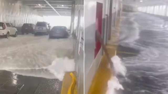Maltempo USA, onda anomala allaga il ponte auto del traghetto: video