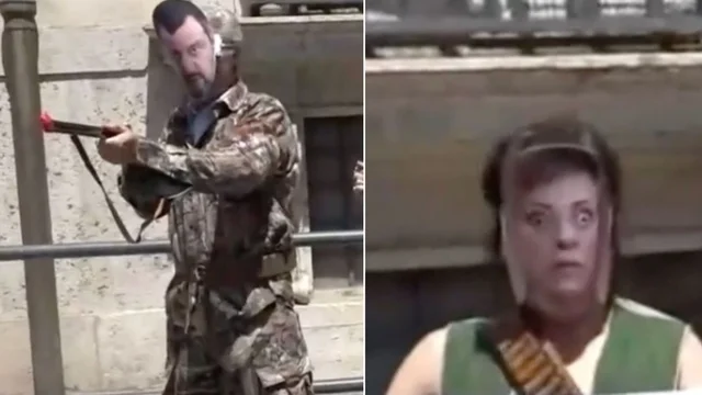 Meloni e Salvini vestiti da cacciatore: il flash mob davanti a Montecitorio. Video