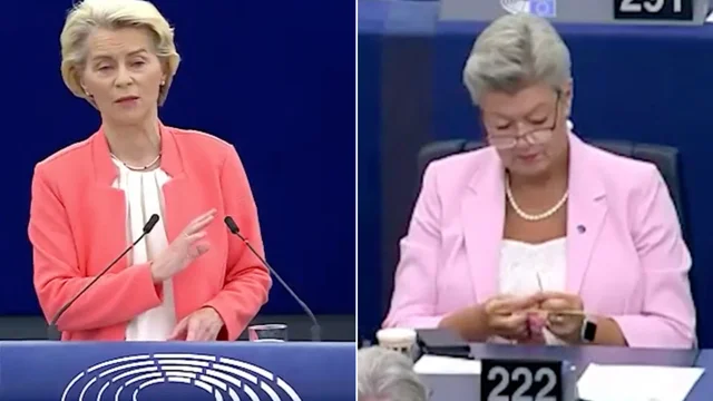 La commissaria Ue Johansson lavora a maglia durante il discorso di Von der Leyen