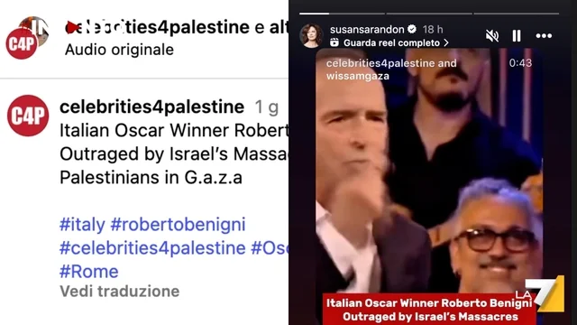 Susan Sarandon rilancia su Instagram il monologo di Benigni a Propaganda Live su Gaza