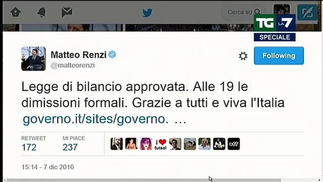 Renzi annuncia le dimissioni formali