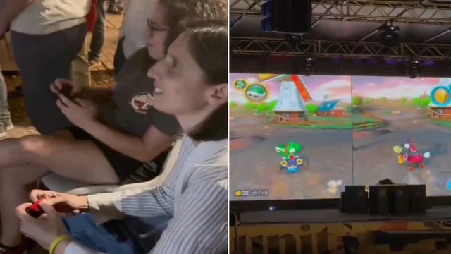 Roma, Elly Schlein gioca a Mario Kart sul maxi schermo: il video