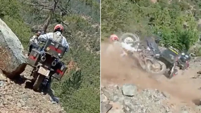 Cerca di aggirare il masso in moto, ma finisce nel burrone: il video incredibile