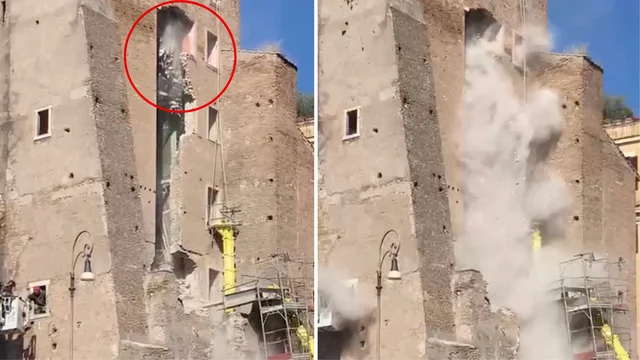 Esclusivo LA7 - Roma, il momento del secondo crollo di una parte della Torre dei Conti vicino Colosseo