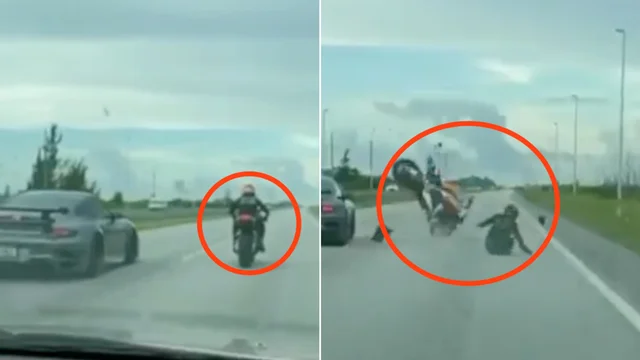 Il motociclista sfida la Porsche, ma perde il controllo: l'incidente è spettacolare