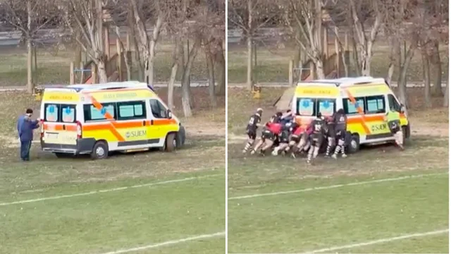 L’ambulanza rimane impantanata nel fango: la squadra di rugby si mette in azione