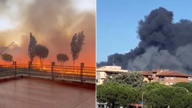 Incendio a Roma, enorme nube di fumo ed esplosioni: i video