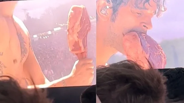 Il cantante Matty Healy mangia carne cruda durante il concerto a Londra: le incredibili immagini