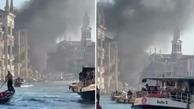 Barcone in fiamme nel Canal Grande a Venezia: a rischio il Ponte di Rialto