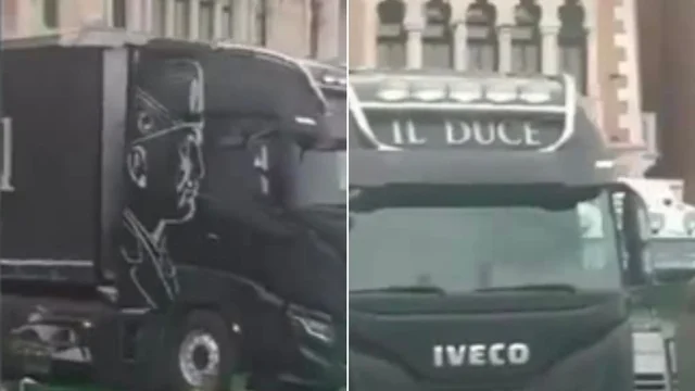 Tir con la faccia di Mussolini respinto a Venezia: è polemica