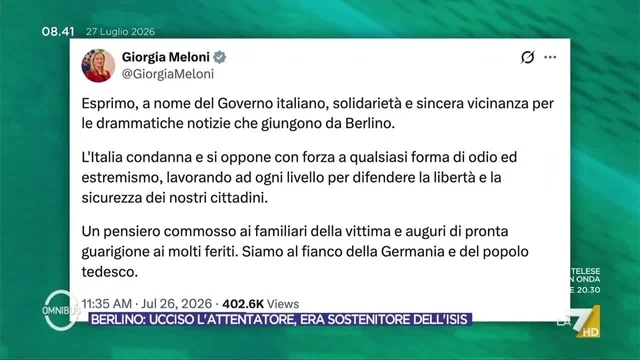 Berlino, ucciso l'attentatore del Pride. Meloni: "L'Italia condanna qualsiasi forma di odio"