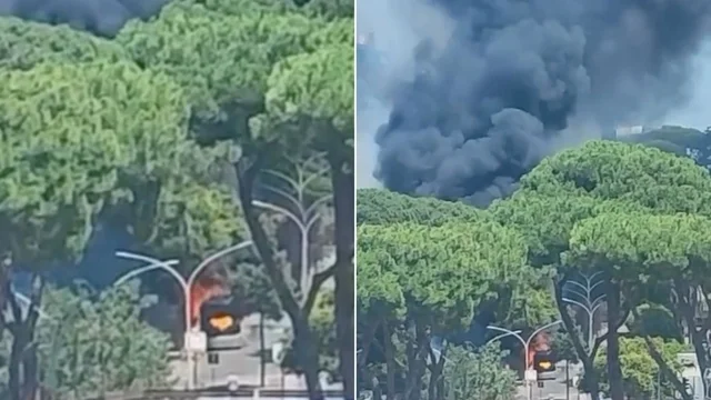 Incendio a Roma, bus in fiamme a Mostacciano: le immagini