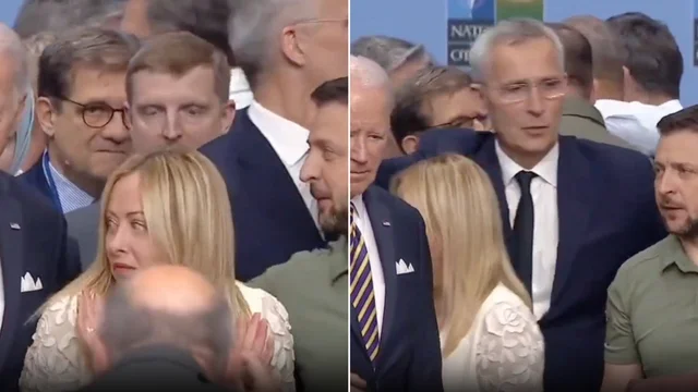 Al vertice NATO: Meloni tra Biden e Zelensky, poi si allontana: il video