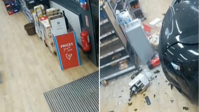 L'ex calciatore sfonda con l'auto le porte ed entra nel supermercato: il video