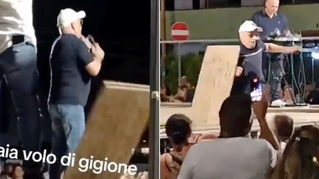 Crolla il palco sotto ai piedi del cantante Gigione: la brutta caduta