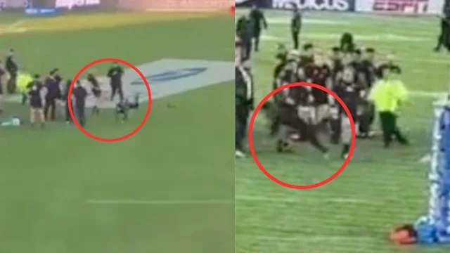 Il capitano degli All Blacks ferma l'invasore con un calcione, poi le scuse