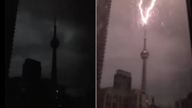 Il fulmine colpisce la CN Tower di Toronto: le immagini spettacolari
