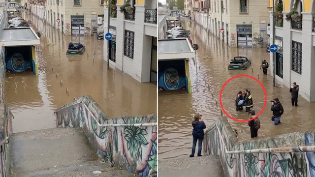 Milano, macchina in panne nella strada allagata. Il video del salvataggio