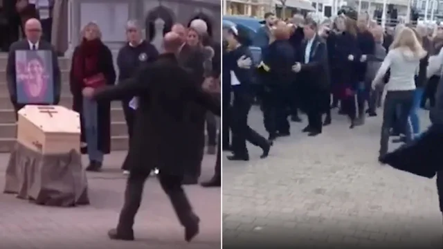 Balla davanti alla bara della moglie: la folla lo segue