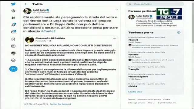 Polemica su Twitter tra Alessandro Di Battista e Luigi Gallo, M5S. Mentana: 'Non era mai successo'