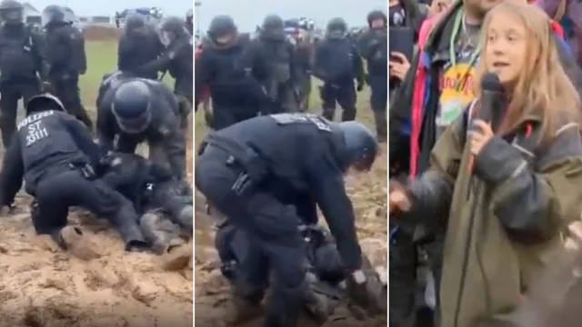 Scontri tra polizia e ambientalisti: i poliziotti intrappolati nel fango