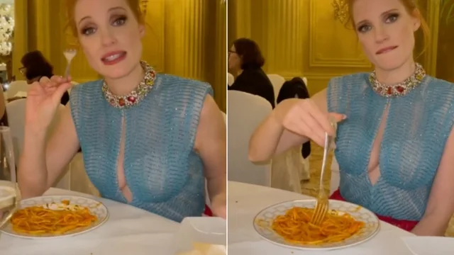 L'attrice americana Jessica Chastain spiega come mangiare gli spaghetti