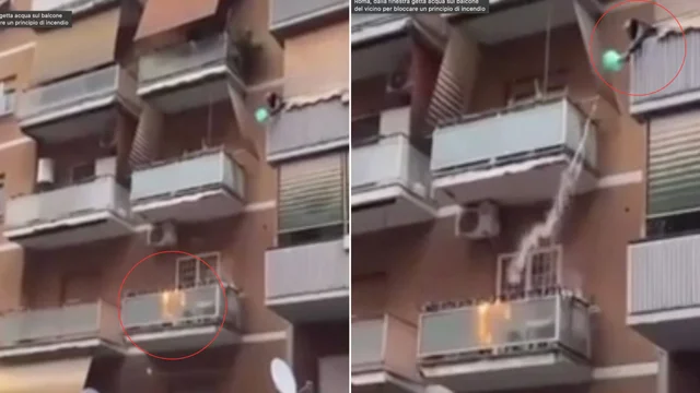 Lancia l'acqua dal proprio balcone per spegnere l'incendio