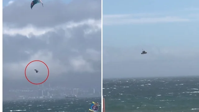 Paura ed apprensione sulla costa: l'incredibile volo di un kitesurfer rischia di finire in una tragedia