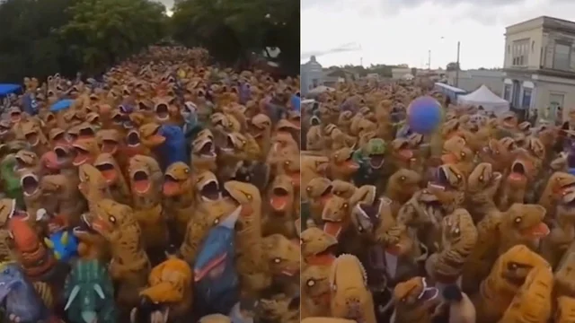 Canada, più di 1.000 persone vestite da dinosauro per battere record mondiale: il video è virale