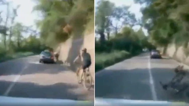 L’auto sperona e disarciona il ciclista: il video del folle gesto