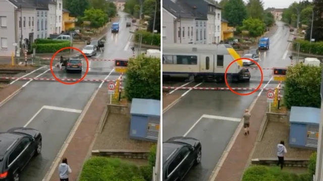 L'auto si ferma sui binari pochi secondi prima dell'arrivo del treno: le incredibili immagini