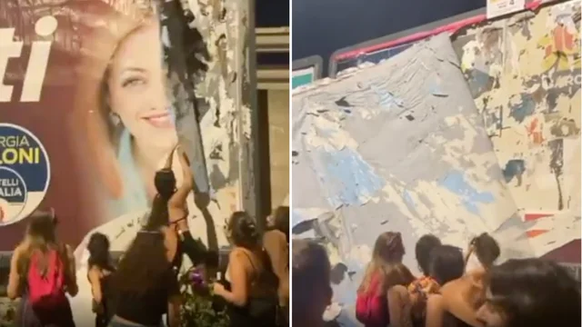 Femministe strappano manifesto elettorale di Meloni: "Chi non salta fascista è!"
