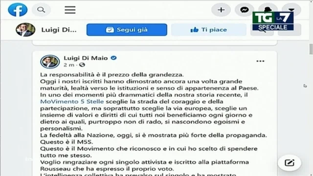 Sì al Governo Draghi, Di Maio commenta il voto su Rousseau: "La responsabilità è il prezzo della grandezza"