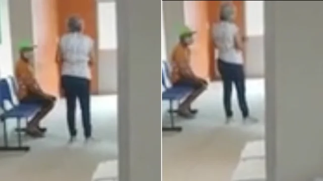 La moglie porta il marito a vaccinarsi legato ad una corda