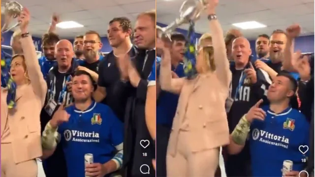 Rugby, Giorgia Meloni festeggia la vittoria negli spogliatoi: la gioia incontenibile della Premier