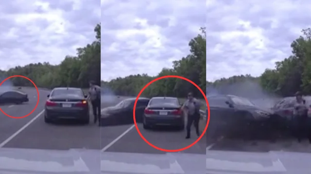 L'auto sbanda mentre il poliziotto fa un controllo e li prende in pieno: salvo per miracolo