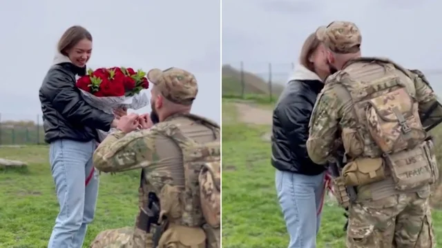 La proposta di matrimonio del soldato ucraino: un enorme mazzo di rose rosse e l'anello