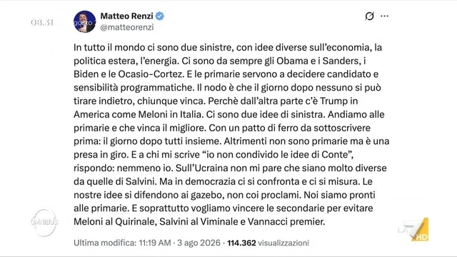 Matteo Renzi, il post sulle primarie del campo largo: “Vogliamo vincere le secondarie”
