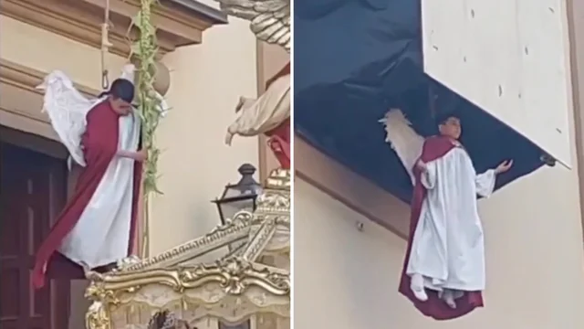 Pasqua, bambino vestito da angelo appeso con una corda davanti la Chiesa