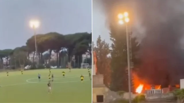 Grottaferrata, incendio durante la partita di calcio: il video