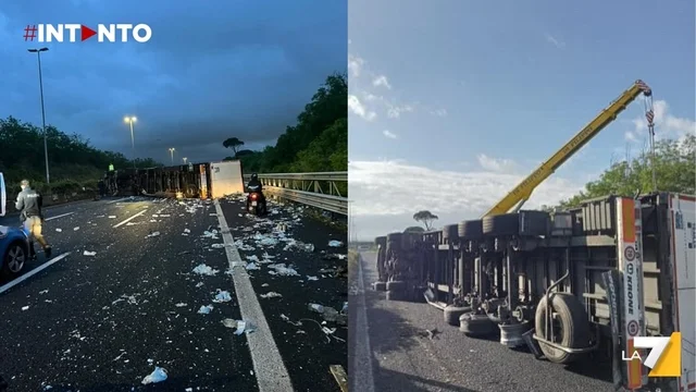 Roma, caos sul Raccordo: camion si ribalta e blocca il traffico