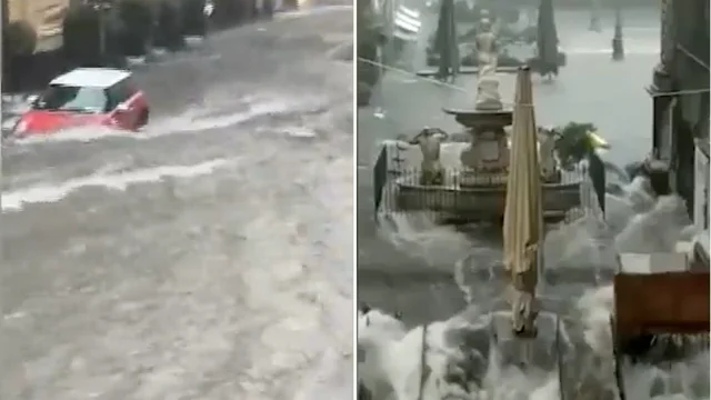 Maltempo a Catania, strade come fiumi e piazza Duomo allagata: le immagini del violento nubifragio