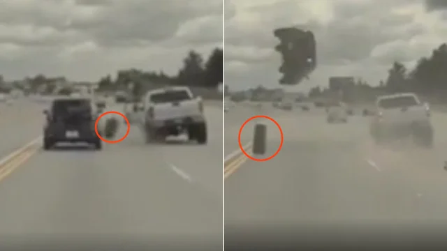 Lo pneumatico si stacca, colpisce l'auto e la fa decollare: le immagini incredibili
