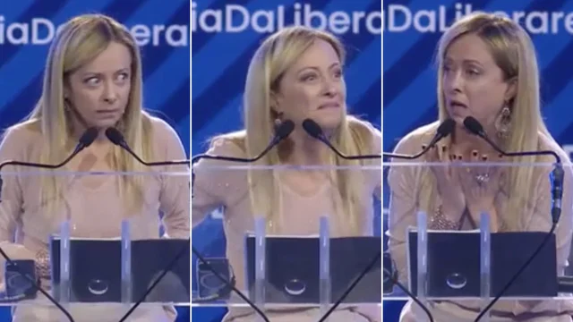 Strabuzza gli occhi e allarga le braccia: lo show di Giorgia Meloni per una domanda sulle camicie nere