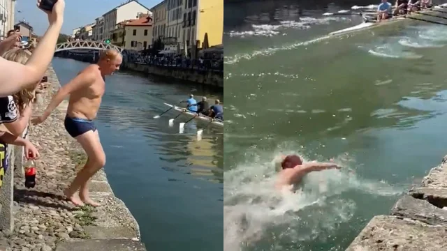 Milan-Newcastle, continuano le follie dei tifosi inglesi a Milano: prova a gareggiare con una canoa sui Navigli
