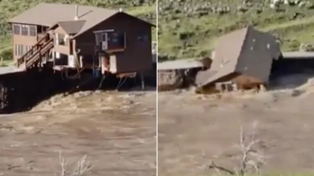 Alluvioni al parco di Yellowstone: la casa frana in acqua tra lo stupore dei visitatori